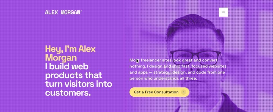Halftone portfolio template — Violet halftone hero, oversized uppercase type.
