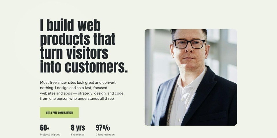 Spotlight portfolio template — Colour-shifting panels, condensed display type.