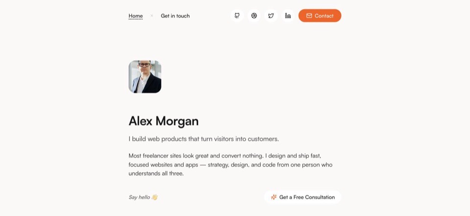 Warm portfolio template — Soft off-white, warm orange details.